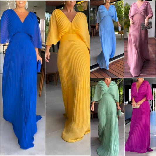 🔥SUMMER HOT SALE💃 Fél fodros ujjú egyszínű egyszínű V-nyakú Maxi ruhák