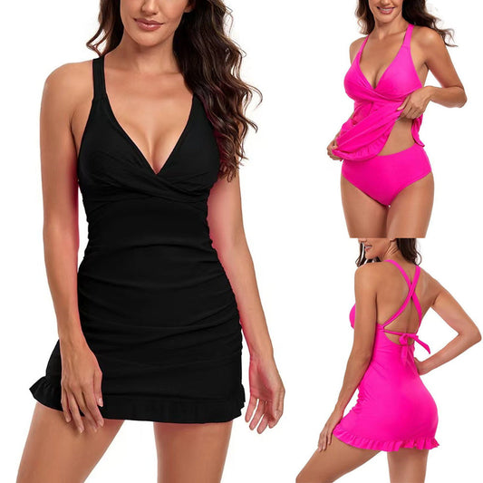 Mély V-nyakú, fodros hátú fürdőruha