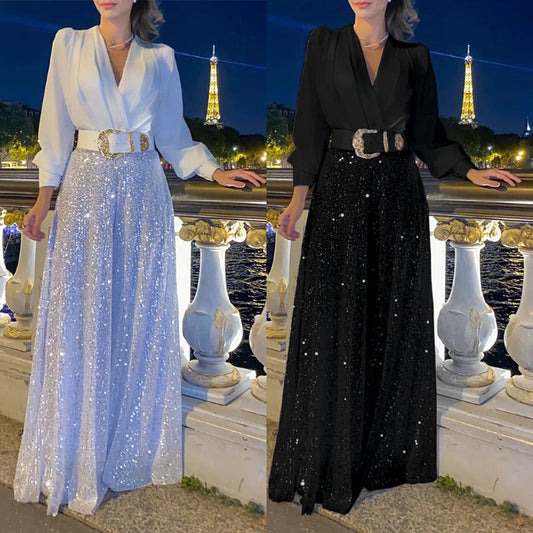 Elegáns hosszú ujjú blúz V-nyakú nyakkivágással és széles, flitteres jumpsuit nadrággal