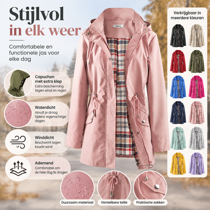 Waterdichte Dames Regenjas met Capuchon, Geruite Voering en Verstelbare Taille