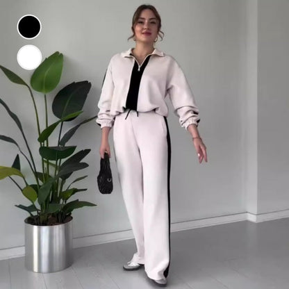 Női cipzáras hajtókás felsők ＆ nadrág 2 részes készlet