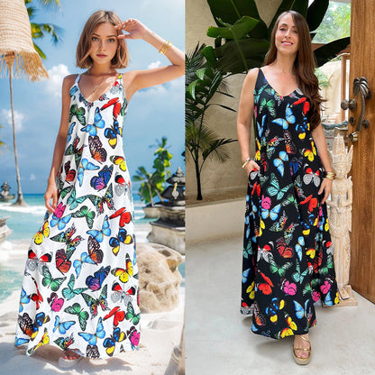 【S-4XL】🦋Pillangó nyomtatott spagetti pántos ruha