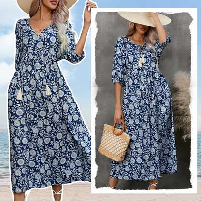 【S-XL】🌸Elegáns női virágmintás V-nyakú hosszú ruha