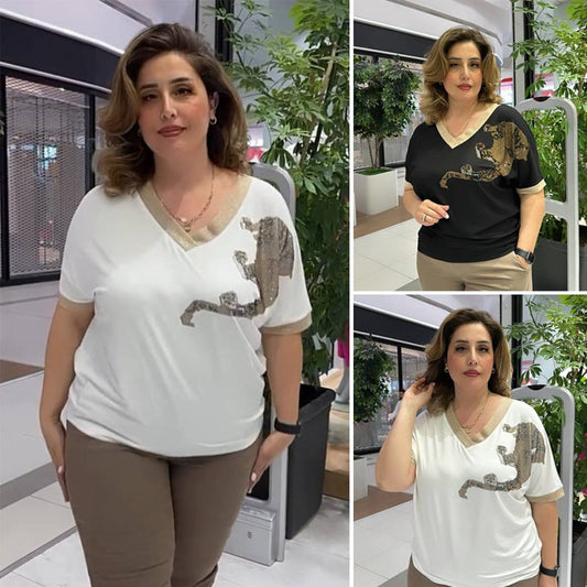 🌸Nyári Akciók💐 Női Lezser, Elegáns, Mintás V-nyakú Felsők – 35% kedvezménnyel!