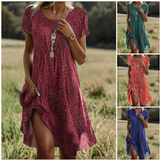 【S-3XL】🌸Elegáns pöttyös, pöttyös, rövid ujjú ruha