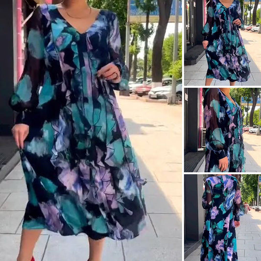 Női V-nyakú fodros virágos nyomtatott ruha