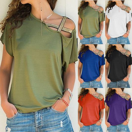 Női alkalmi egyvállas kereszt pántos rövid ujjú póló