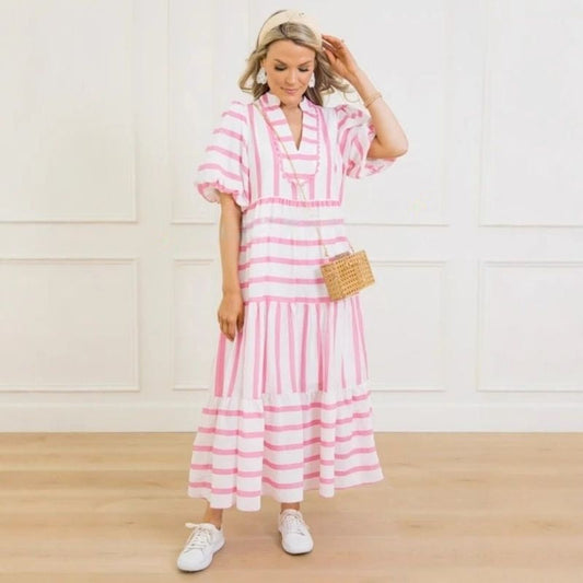 【S-3XL】🌸Női nyári csíkos, bő, lezser, rövid ujjú ruha