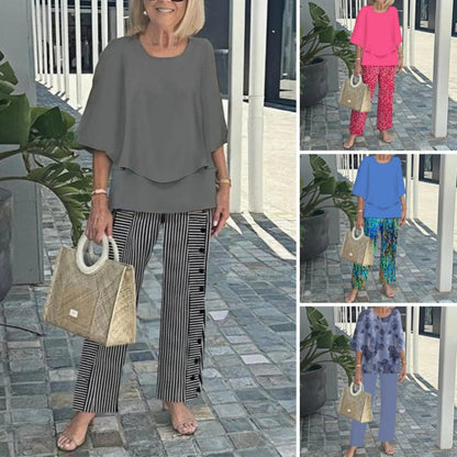 🔥👚👖Női alkalmi kerek nyakú fél ujjú felső nyomtatott nadrágkészlet