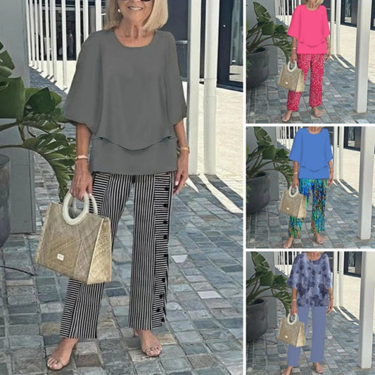 🔥👚👖Női alkalmi kerek nyakú fél ujjú felső nyomtatott nadrágkészlet