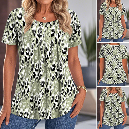 ✨Női lezser mintás kerek nyakú rövid ujjú felső
