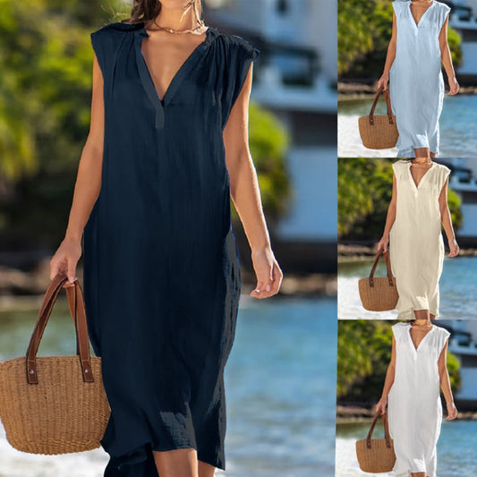 Női elegáns pamut-len ujjatlan ruha V-nyakkivágással