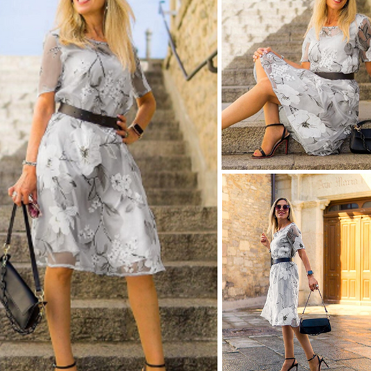 💐Női laza szabású ruha kerek nyakkivágással és rövid ujjakkal, virágmintás mintával✨