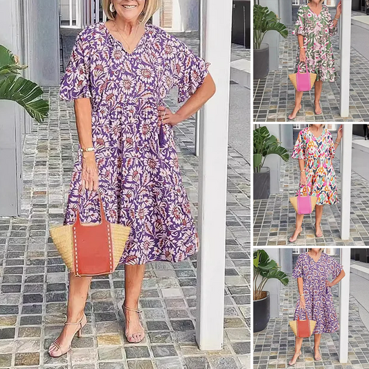 V-nyakú nyomtatott midi ruha