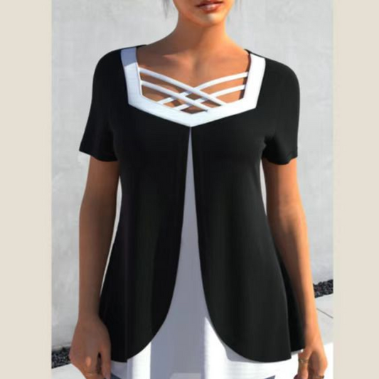 Stílusos, keresztbe vágott, V-nyakú, rövid ujjú felső