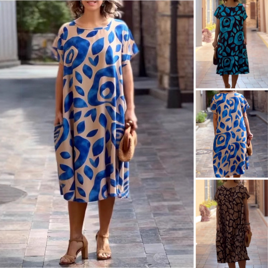 Női kerek nyak nyomtatott alkalmi laza laza rövid ujjú ruha