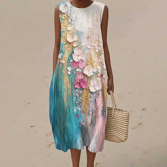 Női ujjatlan virágos nyomtatott Midi ruha