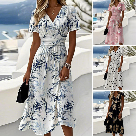 Női divat nyomtatás V-nyakú Midi ruha