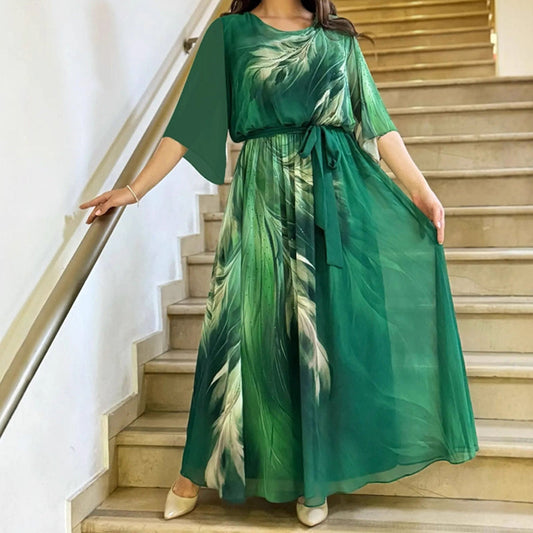 ✨Kerek nyakú, nyomtatott maxi ruha övvel