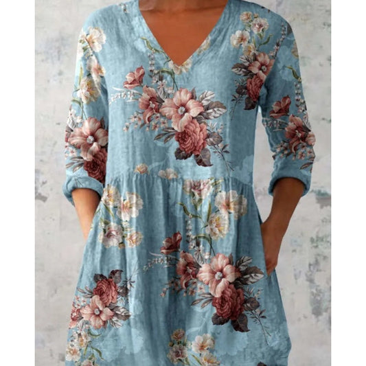 Női alkalmi V-nyakú nyomtatott ruha