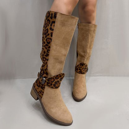 Camelkleurige laarzen met luipaardprint en strikdetail