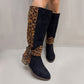 Camelkleurige laarzen met luipaardprint en strikdetail