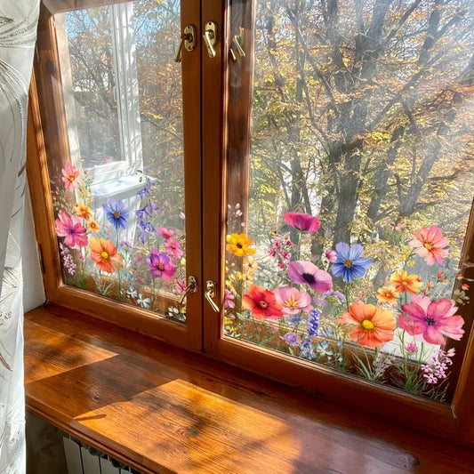 🖼️ Színes ablakmatrica virágcsokor motívummal – eltávolítható, kétoldalas és méretre vágott 🏡