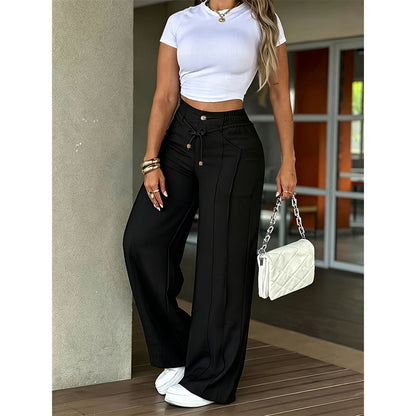 Elegante High-Waist Broek met Wijde Pijpen en Trekkoord