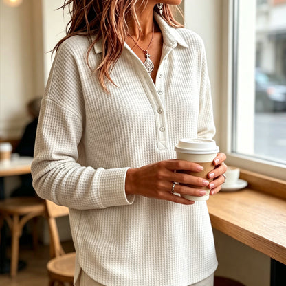 Wafelgebreide polo top met lange mouwen