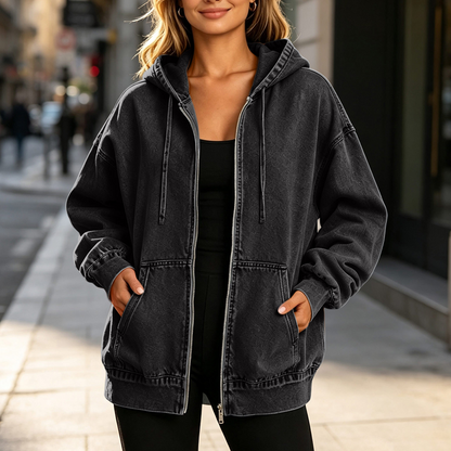 ✨ Nieuwe Favoriet 🧥 Dames Denim Jack met Capuchon & Rits – Relaxte Pasvorm voor Elke Dag 💙