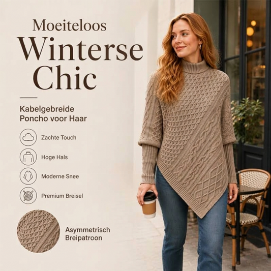 Asymmetrische Kabelgebreide Poncho met Col