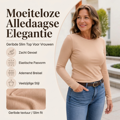 Geribde Slim-Fit Top met Lange Mouwen en Ronde Hals