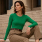 Geribde Slim-Fit Top met Lange Mouwen en Ronde Hals