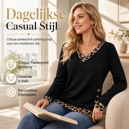 Casual Trui met V-Hals en Luipaarddetails