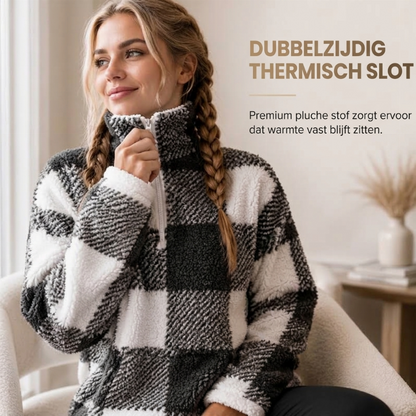 Zachte Geruite Teddy Trui met Halve Rits
