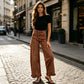 High-Waist Jeans met Wijde Pijpen en Ruches