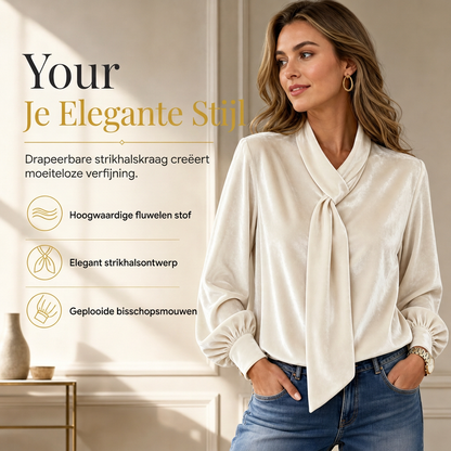 Elegante Fluwelen Blouse met Strikhals en Bisschopsmouwen