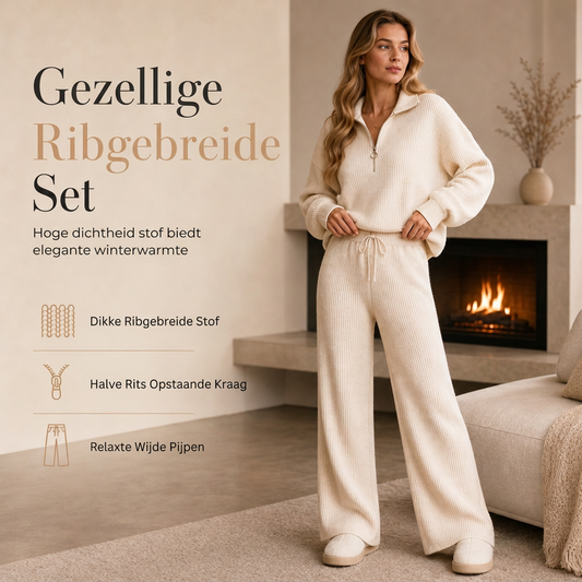 2-Delige Ribgebreide Lounge Set met Halve Rits en Wijde Pijpen
