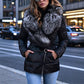 Metallic gewatteerde winterjas met imitatiebontkraag