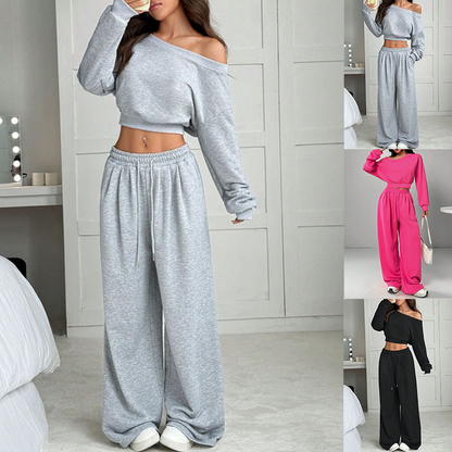 2-Delige Lounge Set met Off-Shoulder Crop Top en Wijde Pijpen