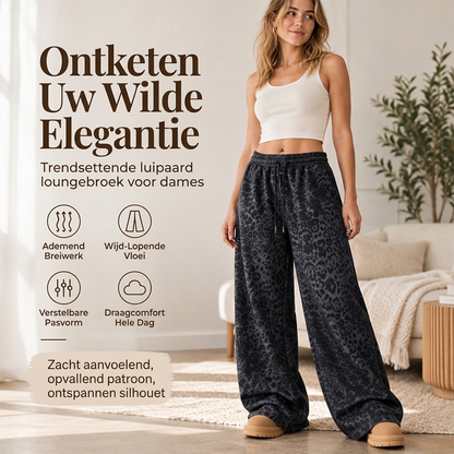 Casual Luipaard Lounge Broek met Wijde Pijpen en Trekkoord