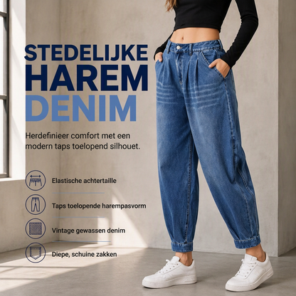 Casual Harem Jeans met Elastische Taille en Taps Toelopende Pijpen