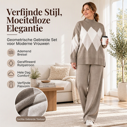 Elegante 2-Delige Gebreide Set met Ruitpatroon en Wijde Broek