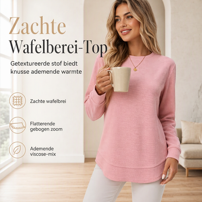 Zachte Wafelgebreide Top met Ronde Hals en Gebogen Zoom