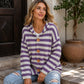 Gestreepte Gebreide Cardigan met Capuchon en Knoopsluiting