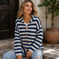Gestreepte Gebreide Cardigan met Capuchon en Knoopsluiting