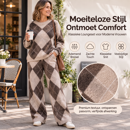 Elegante 2-Delige Gebreide Lounge Set met Ruitpatroon en Wijde Pijpen