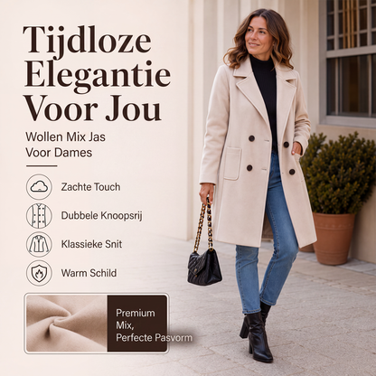 Elegante Lange Wolmix Mantel met Dubbele Knoopsluiting