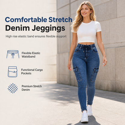 Elastische denim jegging met hoge taille en cargozakken