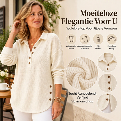 Wafelgebreide trui met polokraag en knoopdetails
